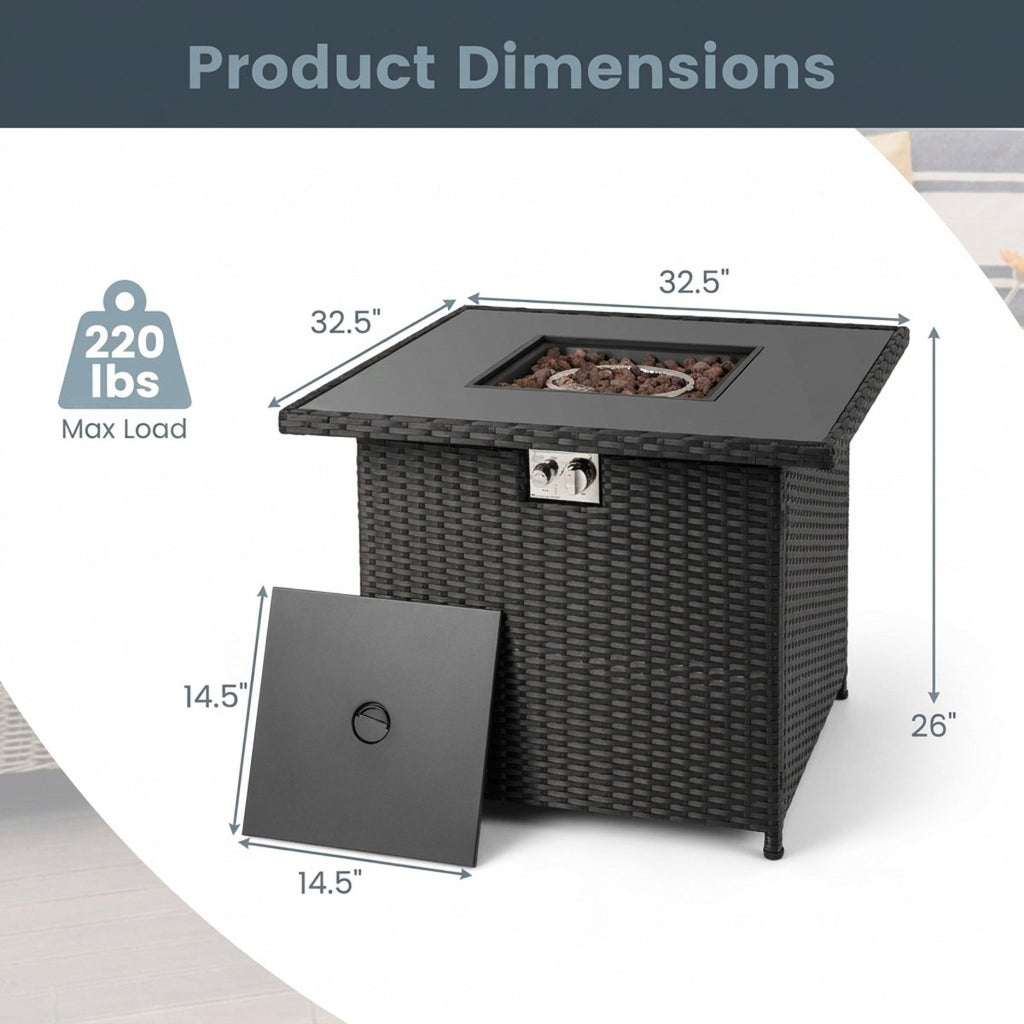 32.5 Inch Square Propane Fire Pit Table 50,000 BTU Outdoor Rattan with Glass Top and Cover, Black