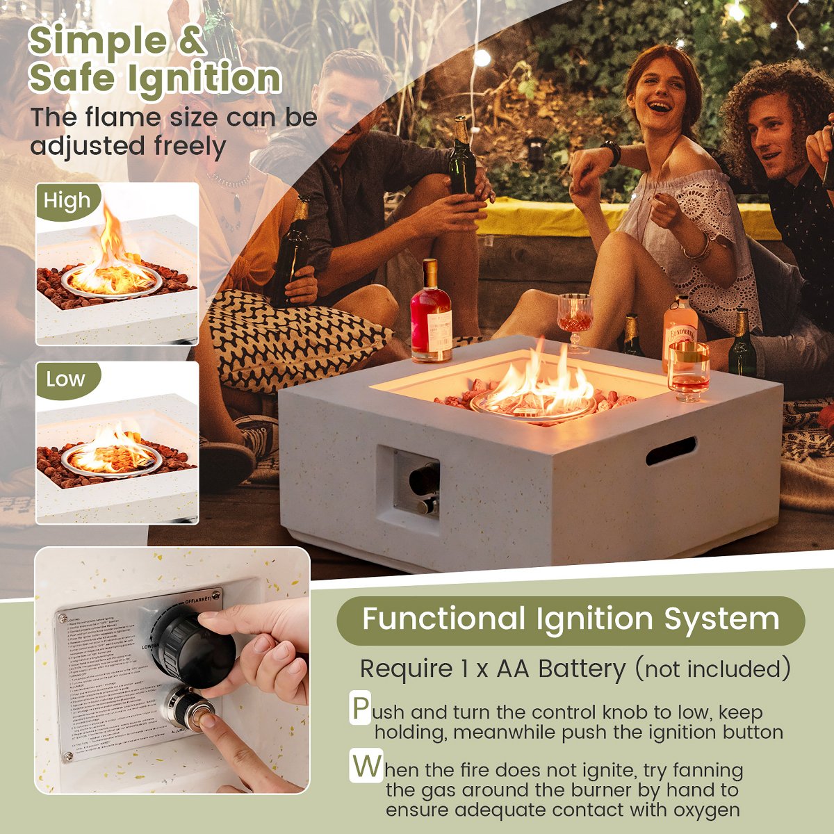 28'' Terrazzo Fire Pit Table 40,000 BTU Square Propane Gas Fire Pit with PVC Cover