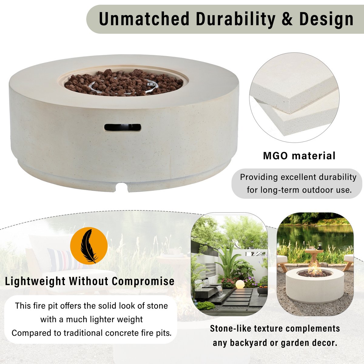 38 Round Propane Fire Pit Table, 50000 BTU Large Outdoor Fireplace with Faux Stone Finish, Lava Rocks & Waterproof Cover