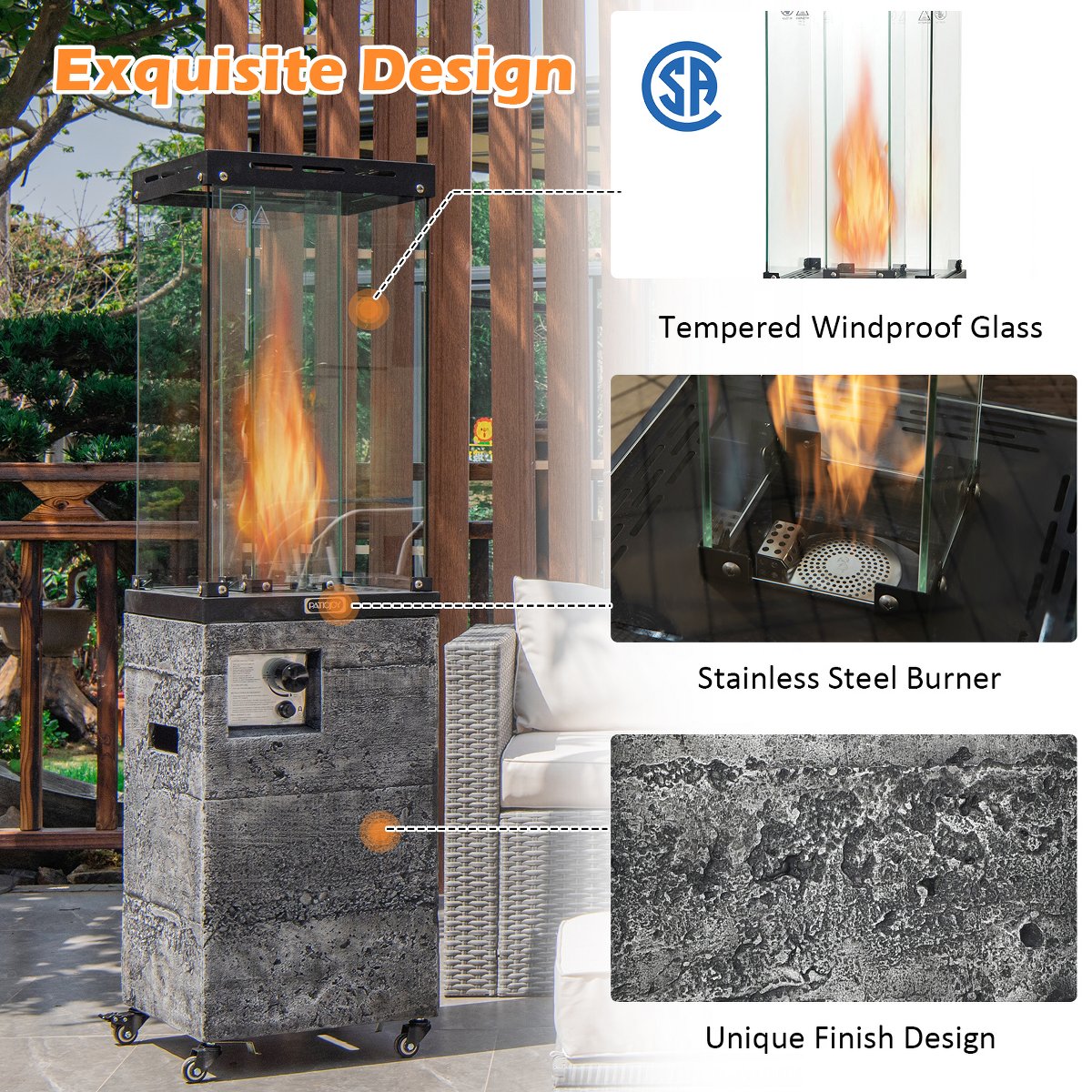 41,000 BTU Propane Patio Heater Glass Tube Standing Gas Heater w/ Cover Wheels