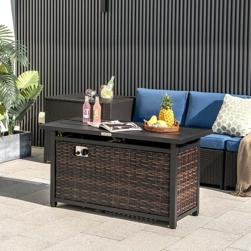 45 Propane Rattan Firepit Table with Glass Stones & Protective Cover Metal Frame