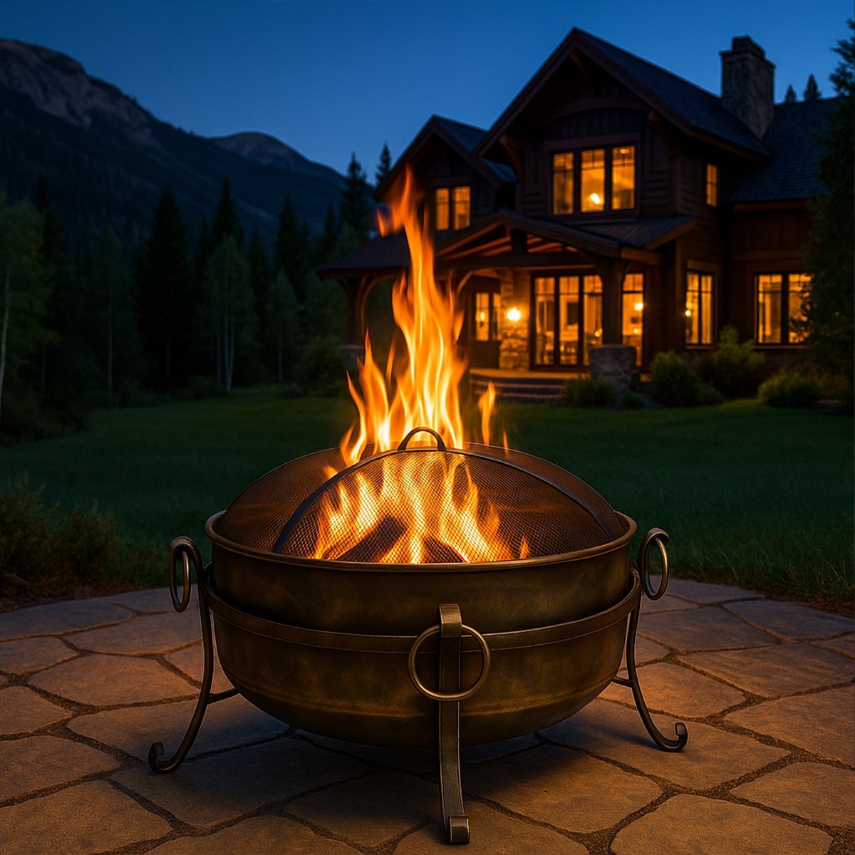 Sunnydaze Outdoor Camping or Backyard Round Cauldron Fire Pit with Spark Screen, Log Poker, and Metal Wood Grate