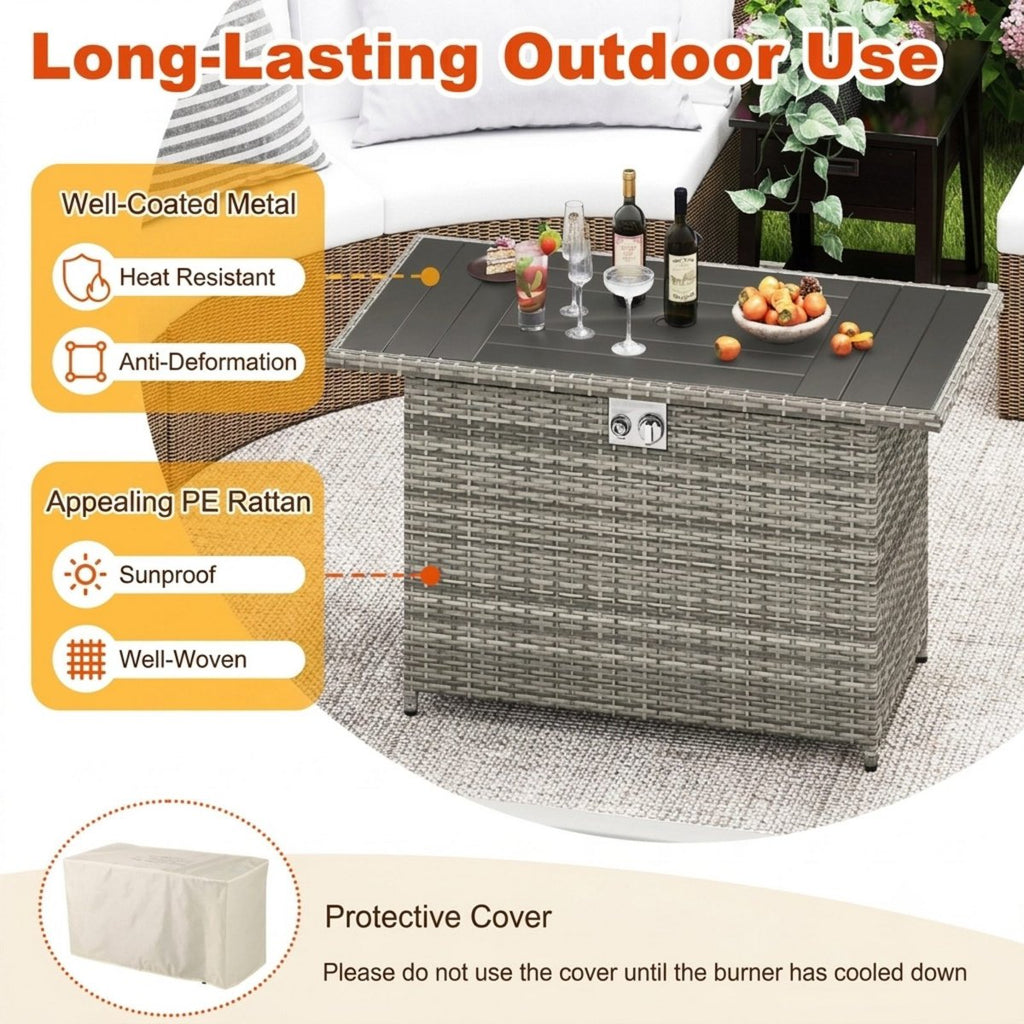 44.5-Inch Outdoor Fire Pit Table with Woven Rattan and Stainless Steel Burner, Doubles as a Patio Coffee Table, Gray