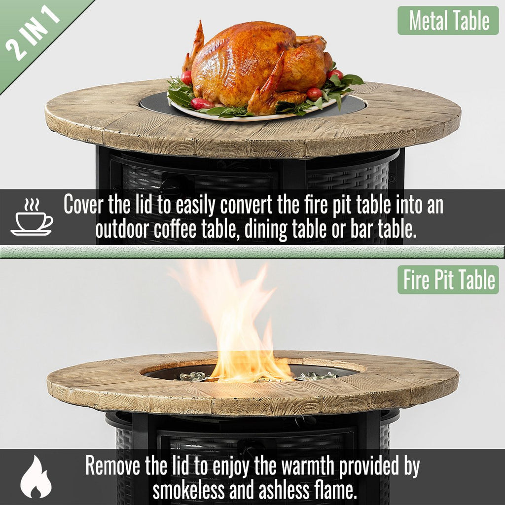 30 Propane Gas Fire Pit Table, 50,000 BTU Round Outdoor Fireplace with Wood Grain Top & Rain Cover, Black