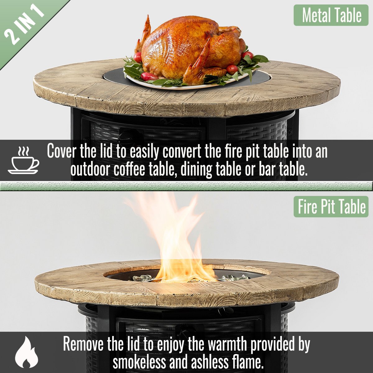 30 Propane Gas Fire Pit Table, 50,000 BTU Round Outdoor Fireplace with Wood Grain Top & Rain Cover, Black