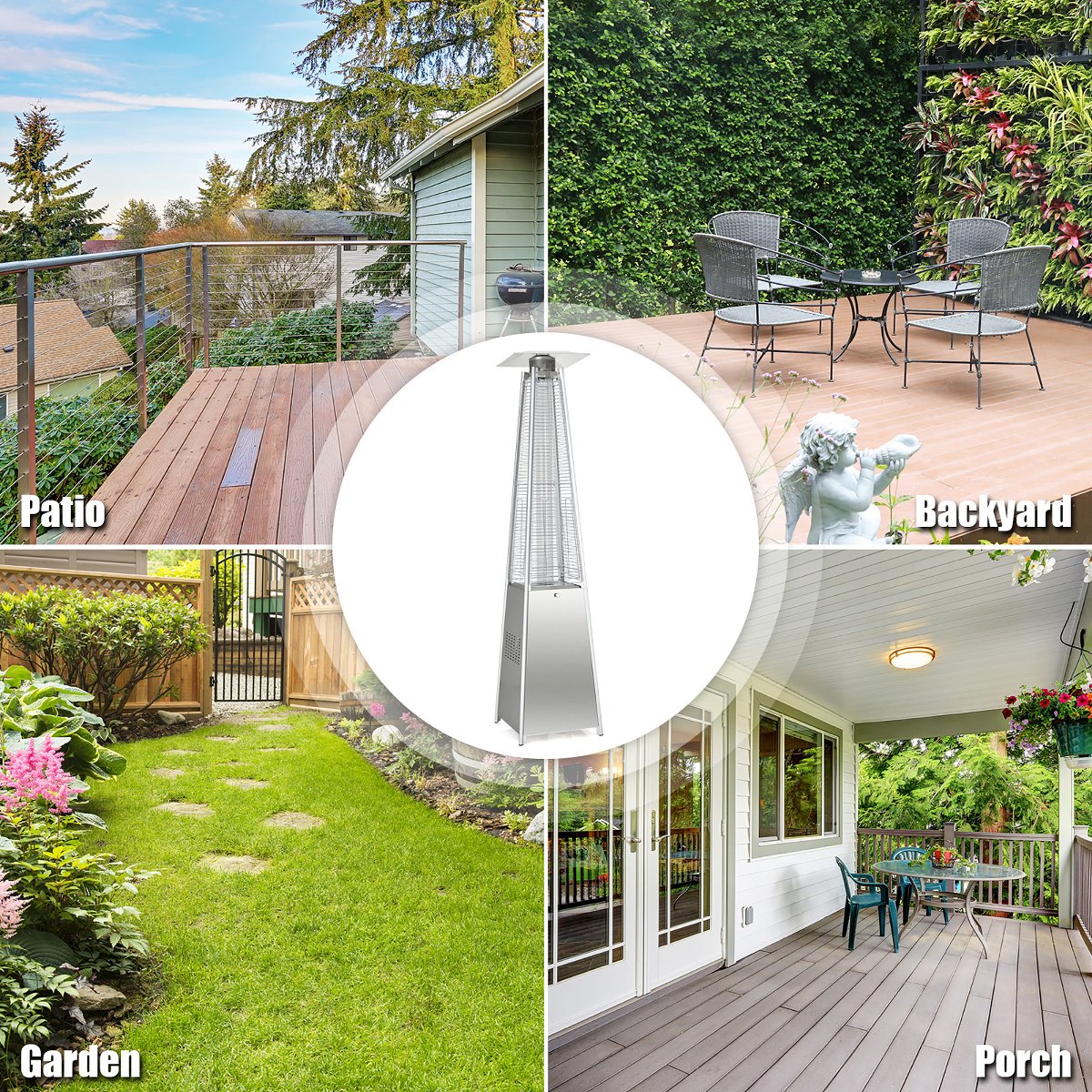 90'' Tall Pyramid Patio Heater Quartz Glass Tube Flame Heating 42000 BTU W/ Wheel