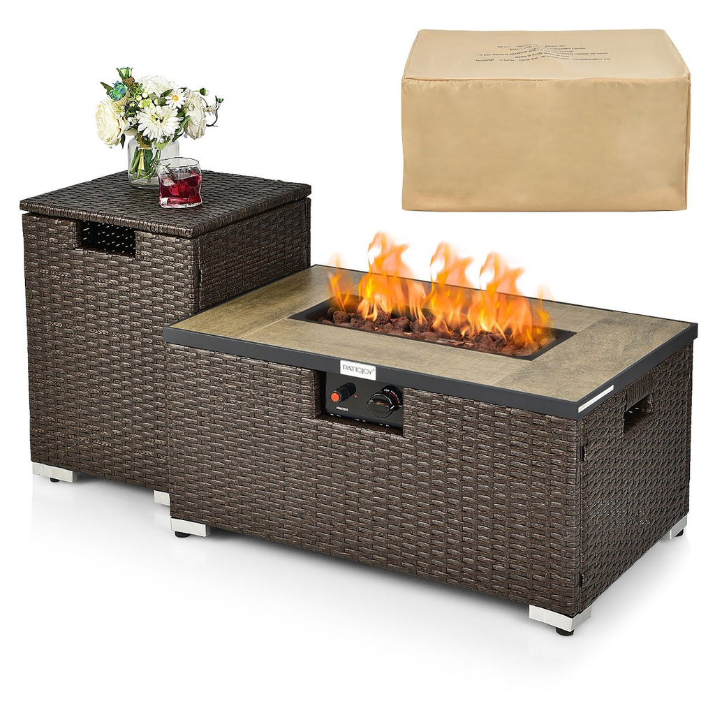 32x 20 Propane Rattan Fire Pit Table Set with Side Table Tank & Cover 40,000 BTU Grey/Coffee
