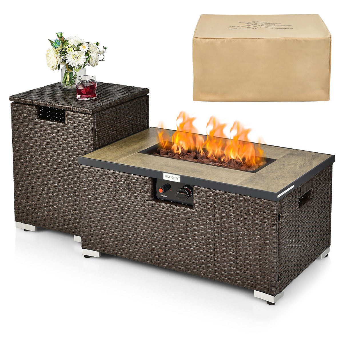 32x 20 Propane Rattan Fire Pit Table Set with Side Table Tank & Cover 40,000 BTU Grey/Coffee