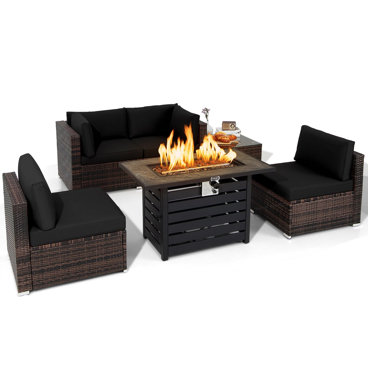 6PCS Patio Rattan Furniture Set 42'' Fire Pit Table Cover Sofa Cushion Off White/Black/Navy/Red/Turquoise