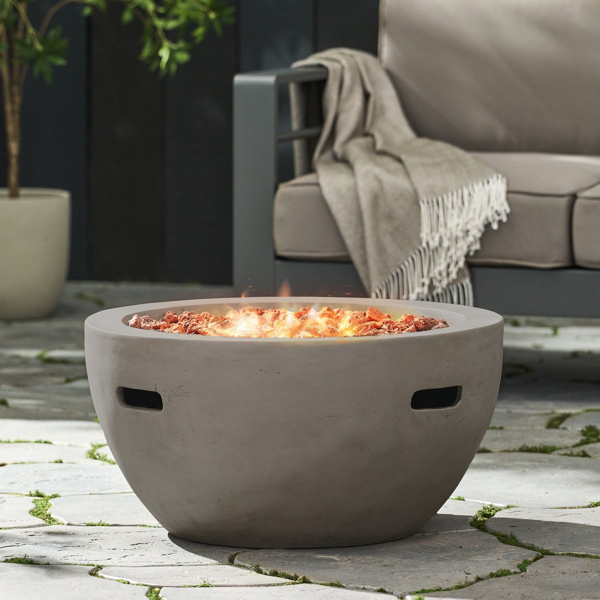 27 Bowl Propane Fire Pit, 40,000 BTU Round Lightweight MGO Concrete Outdoor Fireplace, Light Grey
