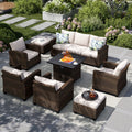 8pc Outdoor Patio Wicker Rattan Cushioned Fire Pit Set with Ottomans and Single Sofas