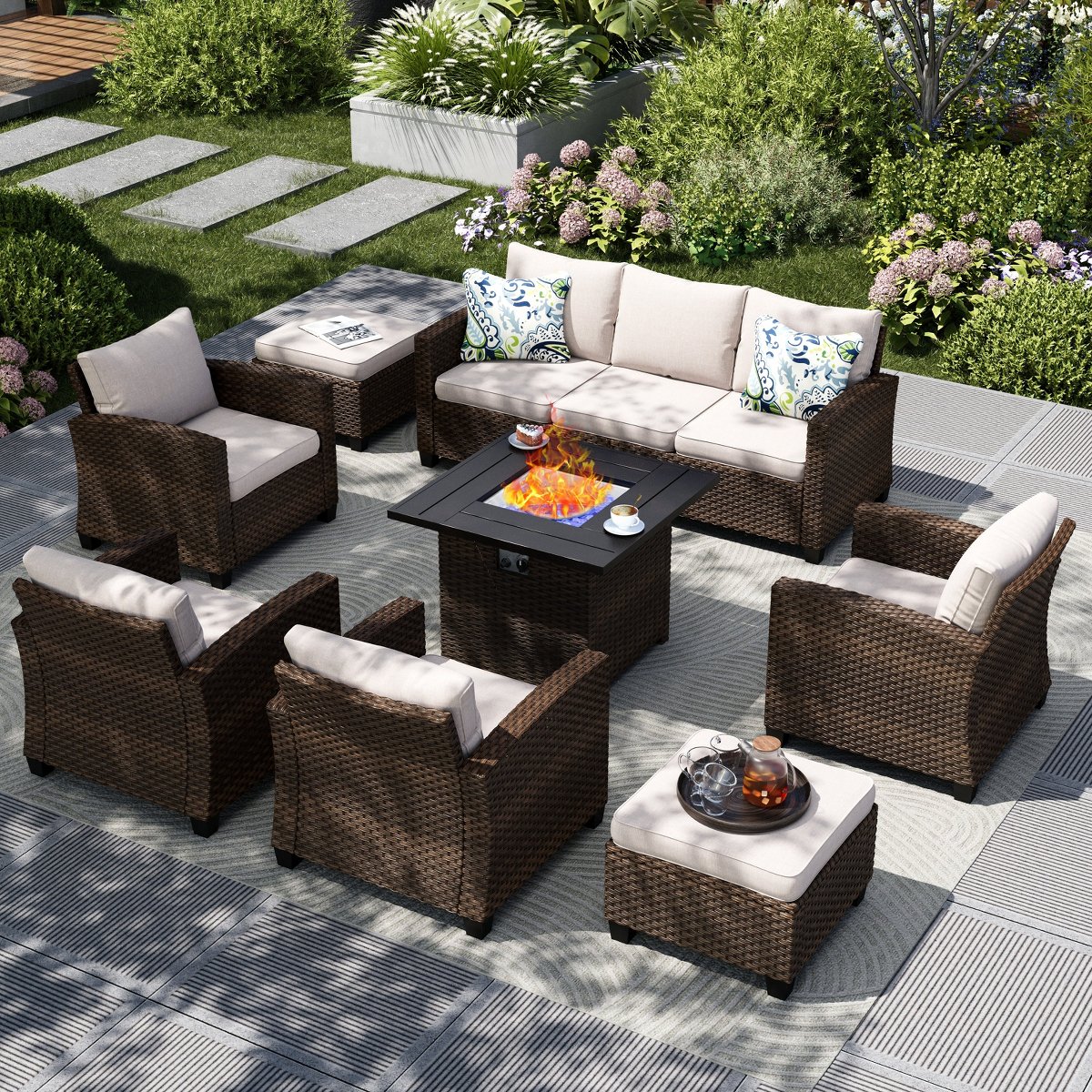 8pc Outdoor Patio Wicker Rattan Cushioned Fire Pit Set with Ottomans and Single Sofas
