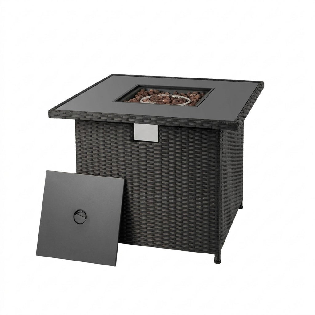 32.5 Inch Square Propane Fire Pit Table 50,000 BTU Outdoor Rattan with Glass Top and Cover, Black