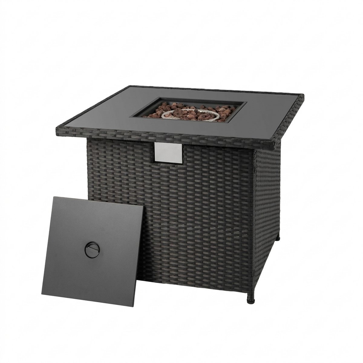 32.5 Inch Square Propane Fire Pit Table 50,000 BTU Outdoor Rattan with Glass Top and Cover, Black