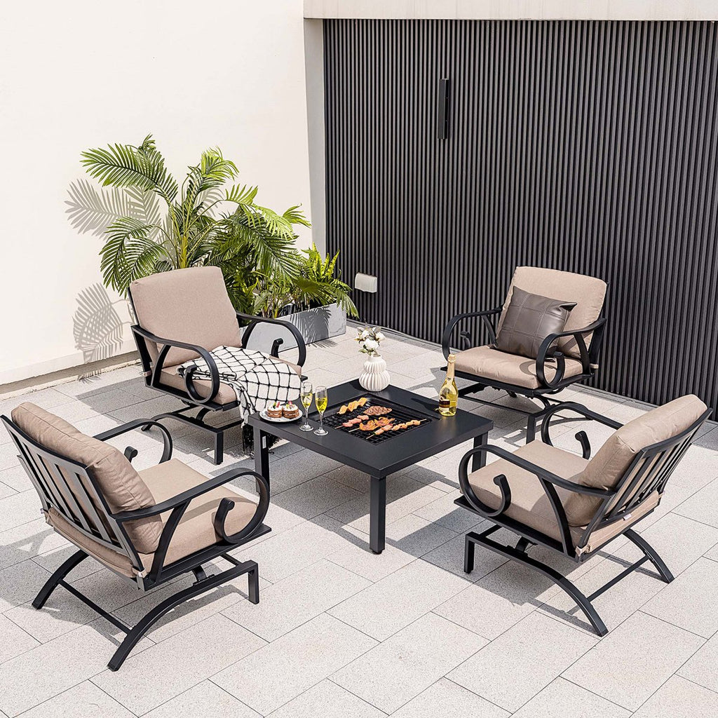 5pcs Patio Rocking Chairs 4-in-1 Fire Pit Table Heavy-Duty Conversation Outdoor