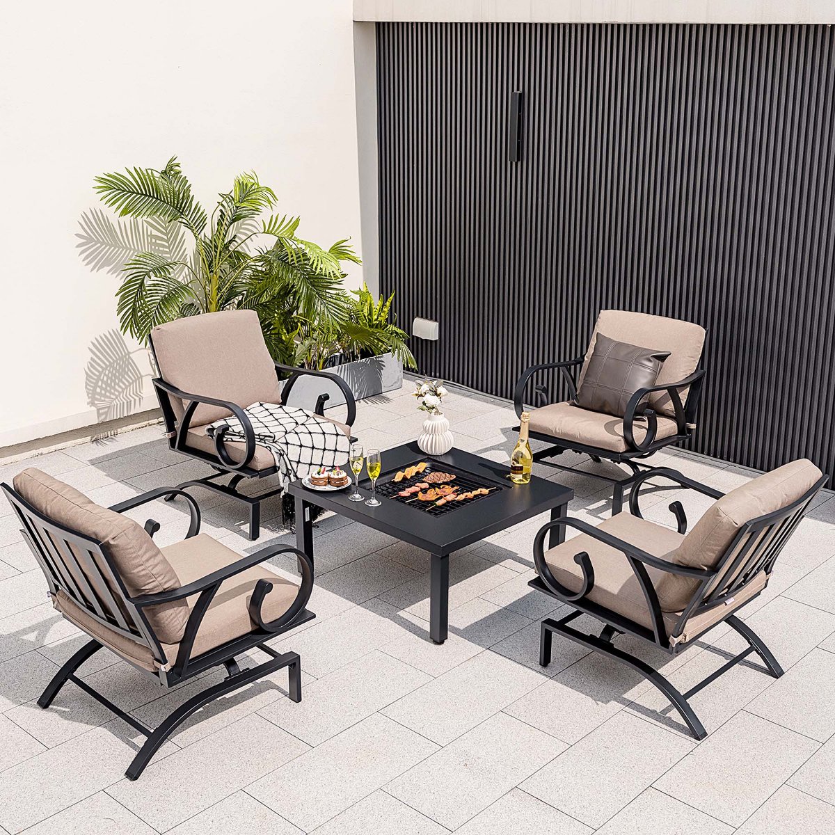 5pcs Patio Rocking Chairs 4-in-1 Fire Pit Table Heavy-Duty Conversation Outdoor