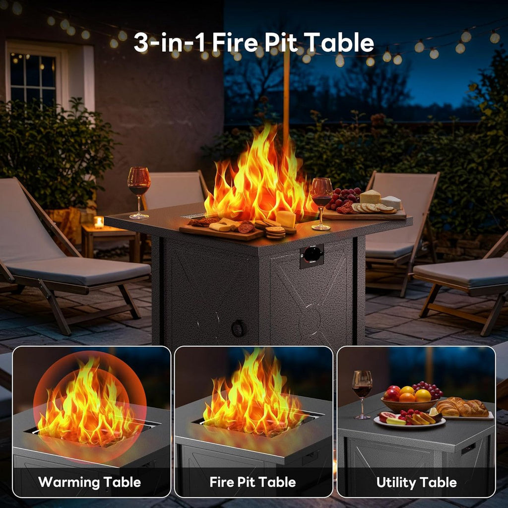 28 Inch Propane Fire Pit, 3-in-1 Multi-Use Outdoor Fire Pit Table, 50,000 BTU Steel Gas Fire Pit with Lid & Lava Rock, Add Warmth and Ambience
