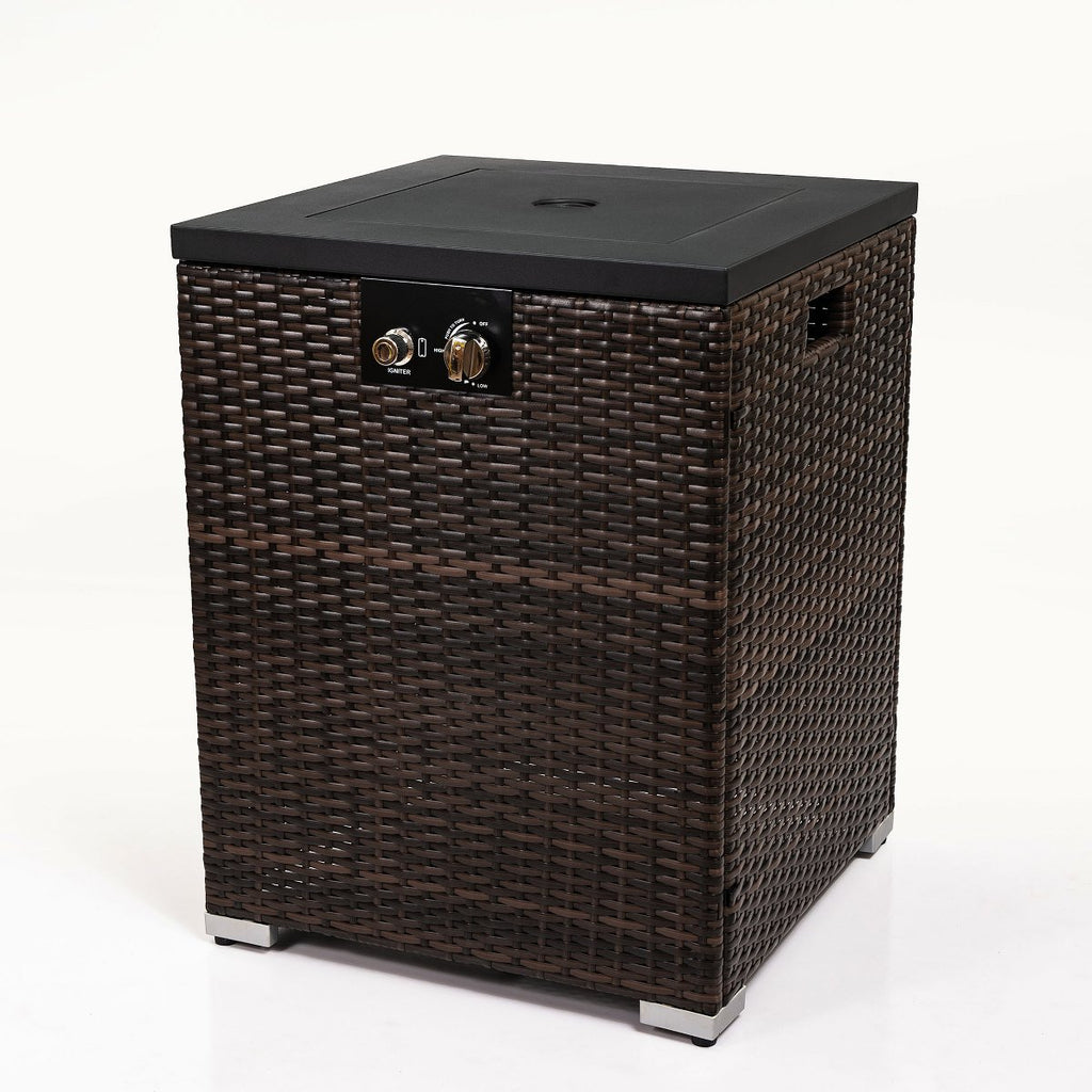 22 Propane Gas Fire Pit Table, 50,000 BTU Square Outdoor Fireplace with Wicker Base & Glass Guard, Dark Brown