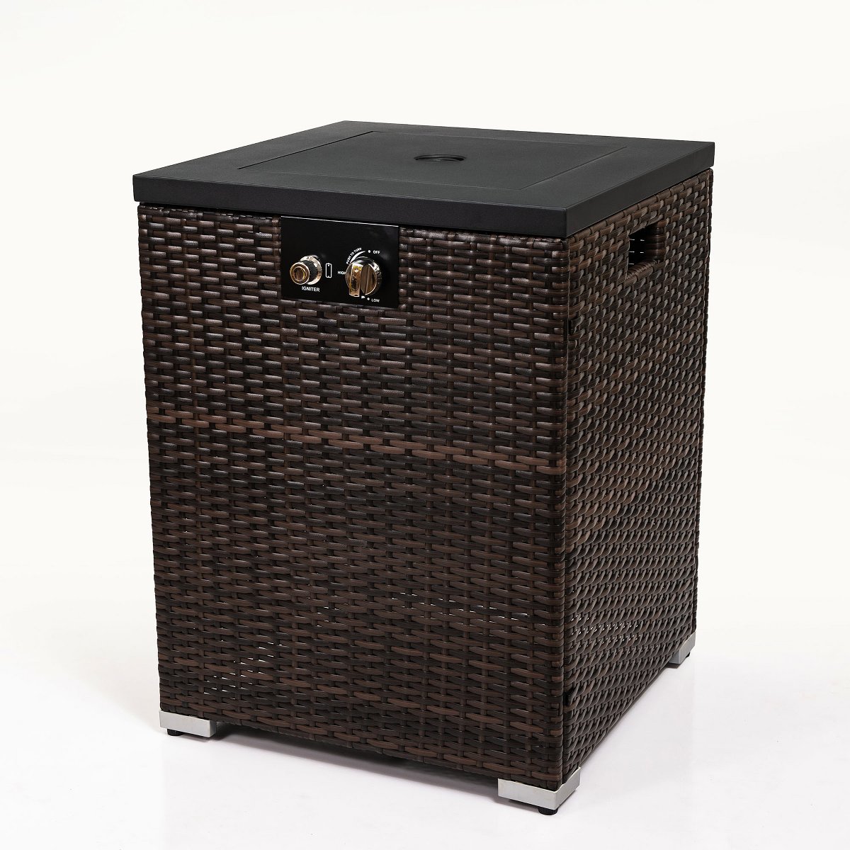 22 Propane Gas Fire Pit Table, 50,000 BTU Square Outdoor Fireplace with Wicker Base & Glass Guard, Dark Brown