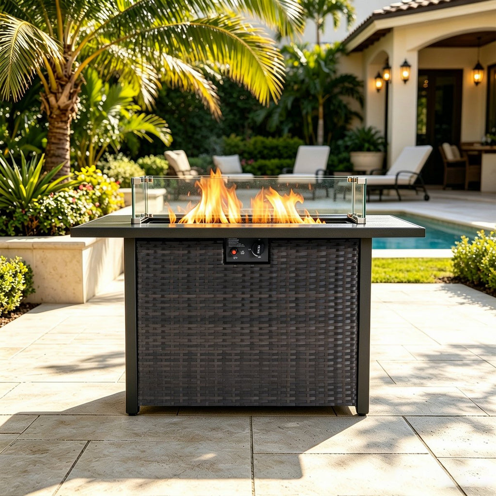 44 Rectangular Propane Fire Pit Table, 50,000 BTU 2-in-1 Outdoor Fireplace with Glass Guard, Black