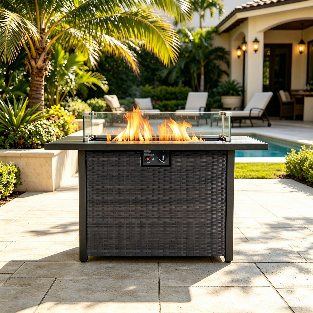 44 Rectangular Propane Fire Pit Table, 50,000 BTU 2-in-1 Outdoor Fireplace with Glass Guard, Black