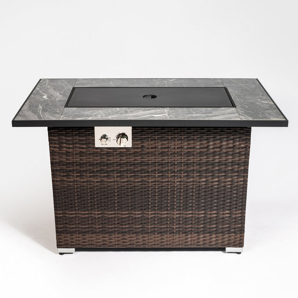 44 Propane Gas Fire Pit Table, 50,000 BTU Outdoor Tile Top Fireplace with Wicker Base & Cover, Brown