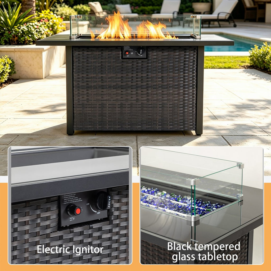 44 Rectangular Propane Fire Pit Table, 50,000 BTU 2-in-1 Outdoor Fireplace with Glass Guard, Black
