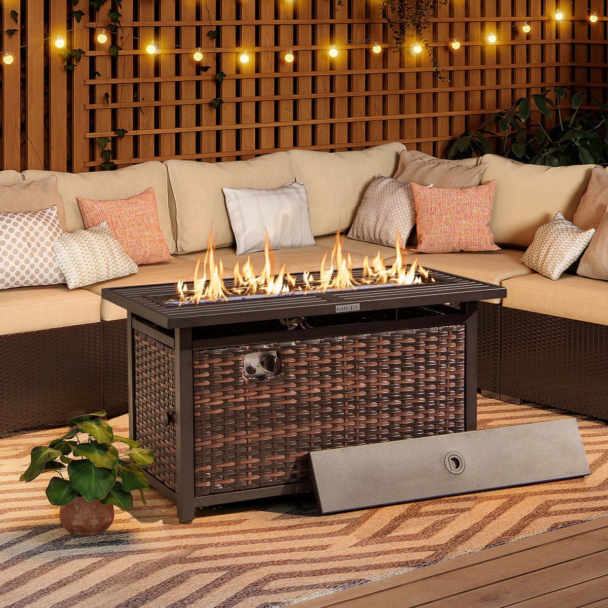 45 Propane Rattan Firepit Table with Glass Stones & Protective Cover Metal Frame