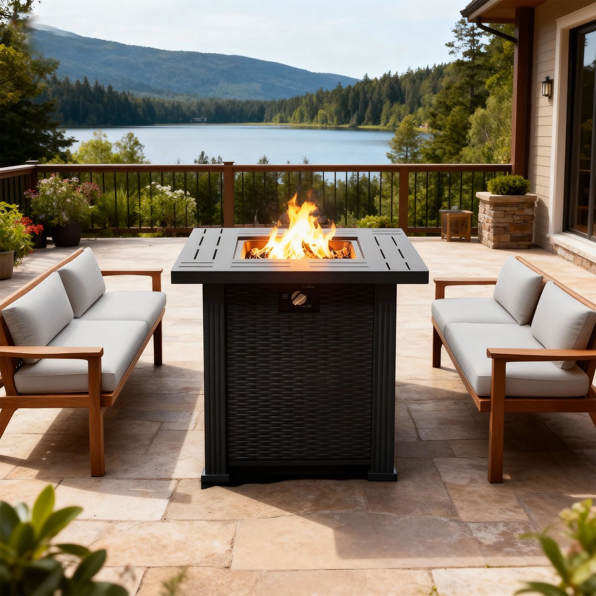 28 Square Propane Gas Fire Pit Table, 50,000 BTU Steel Outdoor Fire Pit for Patio, Deck & Backyard, Black Finish