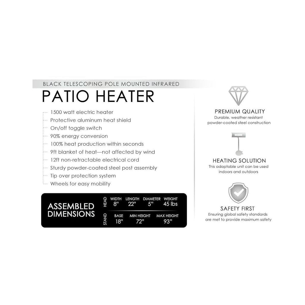 Black Powder Coated Steel Telescoping Offset Pole Mounted Infrared Patio Heater