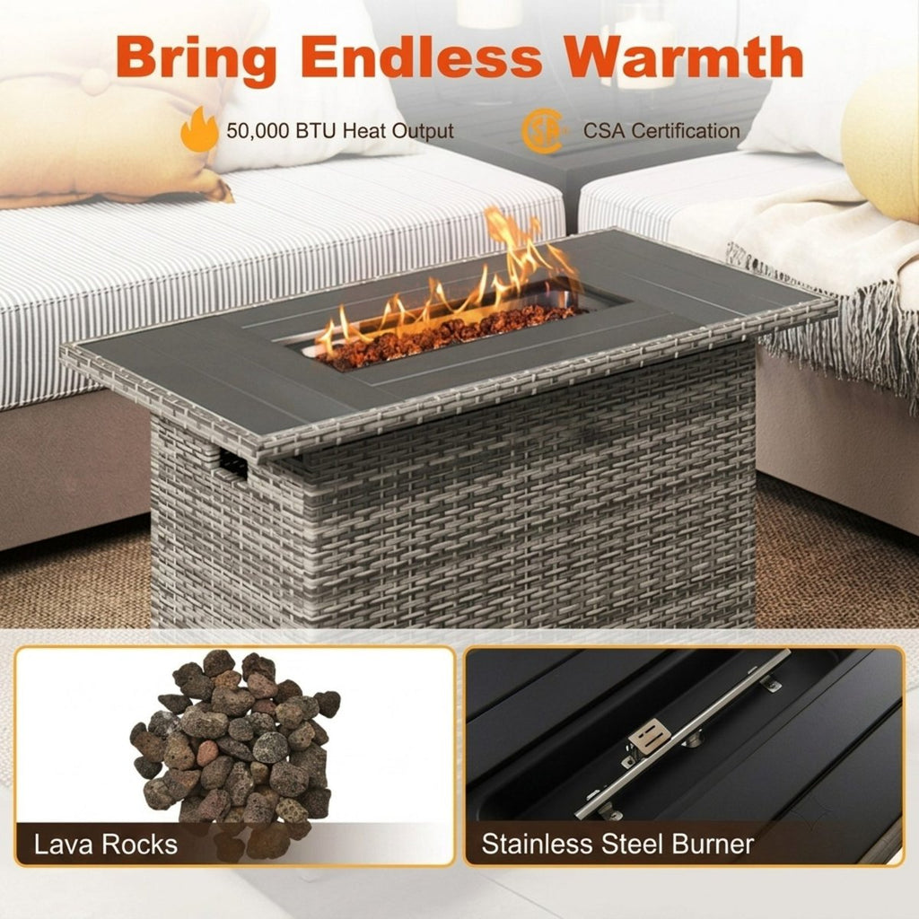 44.5-Inch Outdoor Fire Pit Table with Woven Rattan and Stainless Steel Burner, Doubles as a Patio Coffee Table, Gray