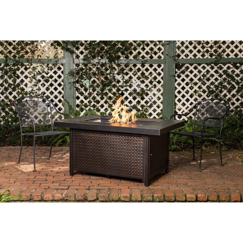 48” Weyland Hammered Aluminum Gas Fire Pit 55,000 BTU Multi-Functional Protective Cover and Clear Fire Glass Rectangle