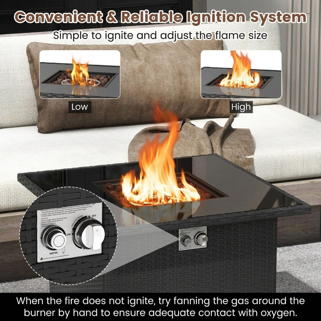 32.5 Inch Square Propane Fire Pit Table 50,000 BTU Outdoor Rattan with Glass Top and Cover, Black