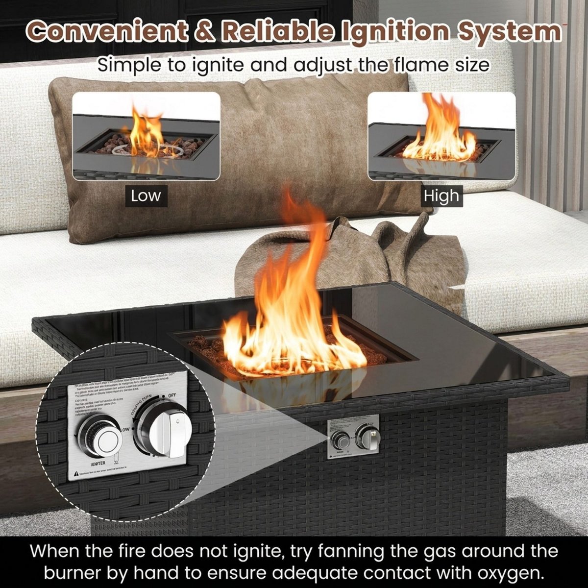 32.5 Inch Square Propane Fire Pit Table 50,000 BTU Outdoor Rattan with Glass Top and Cover, Black