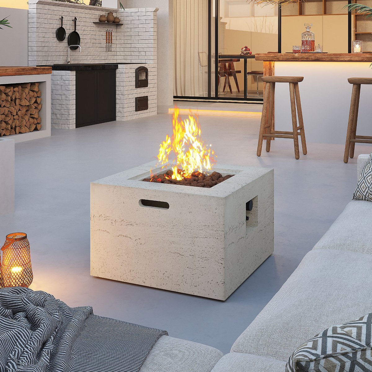 Square Propane Fire Pit Table, 40,000 BTU Outdoor MGO Fireplace with Lava Rocks & Rain Cover
