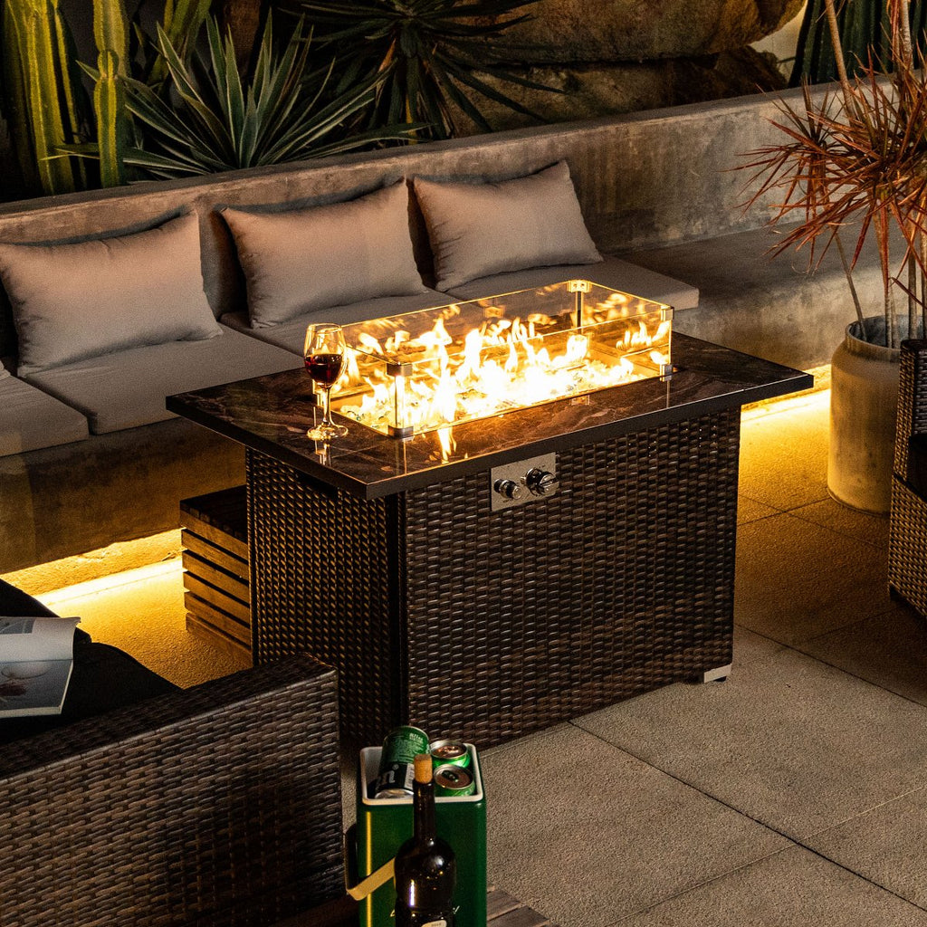 44 Propane Gas Fire Pit Table, 50,000 BTU Outdoor Tile Top Fireplace with Wicker Base & Cover, Brown