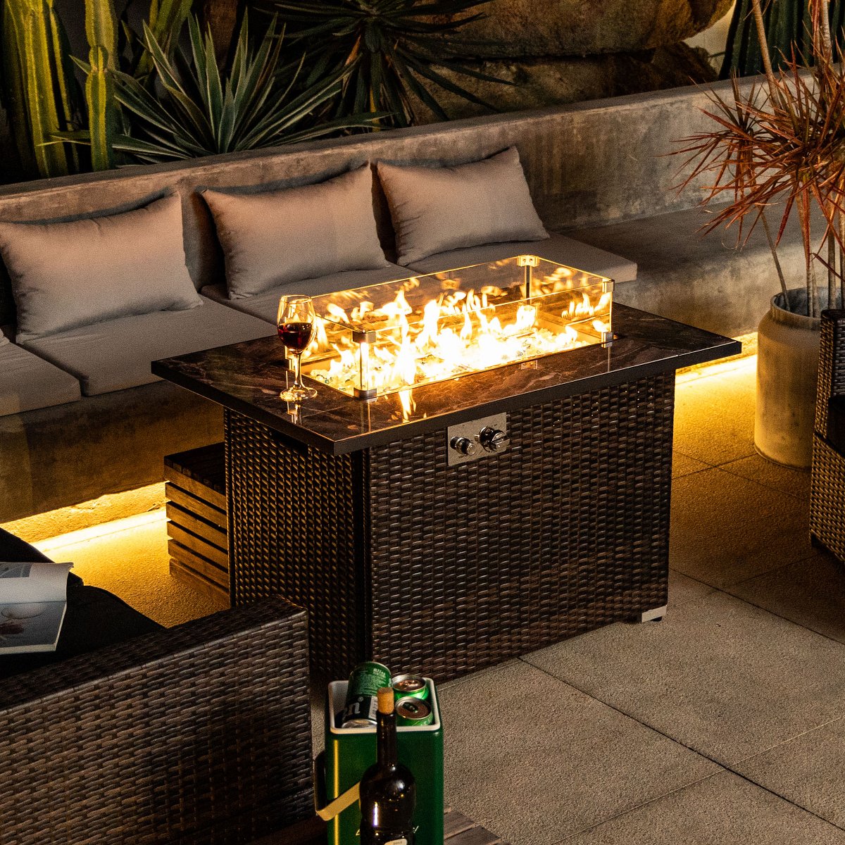 44 Propane Gas Fire Pit Table, 50,000 BTU Outdoor Tile Top Fireplace with Wicker Base & Cover, Brown
