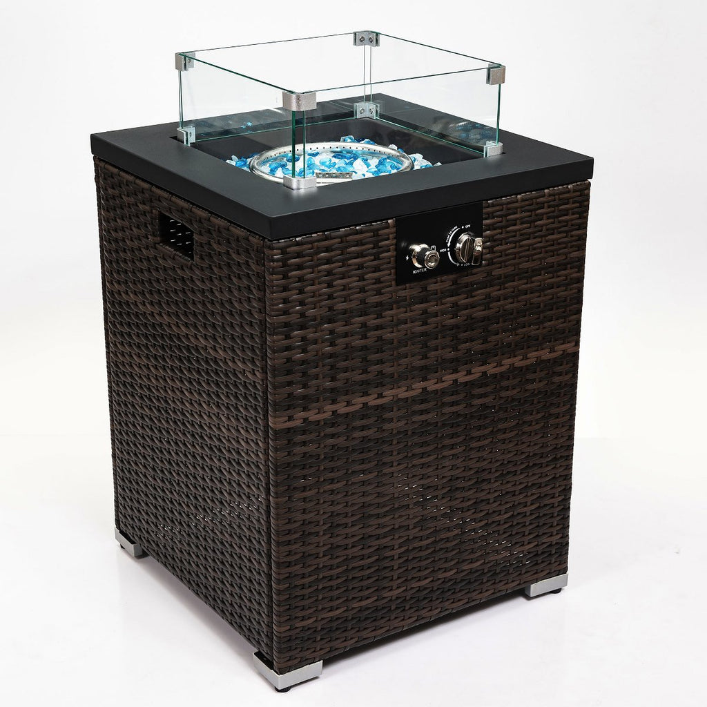 22 Propane Gas Fire Pit Table, 50,000 BTU Square Outdoor Fireplace with Wicker Base & Glass Guard, Dark Brown