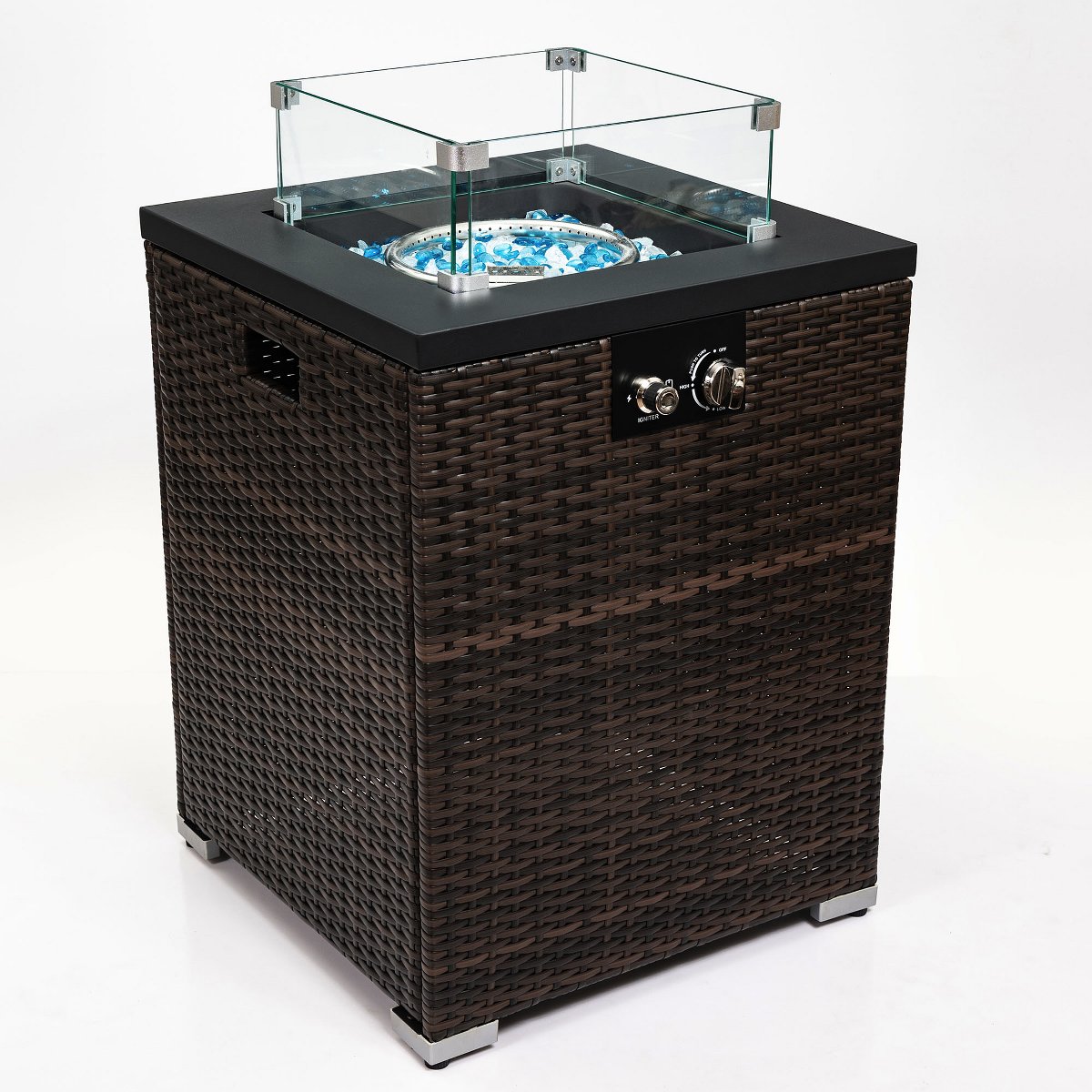 22 Propane Gas Fire Pit Table, 50,000 BTU Square Outdoor Fireplace with Wicker Base & Glass Guard, Dark Brown