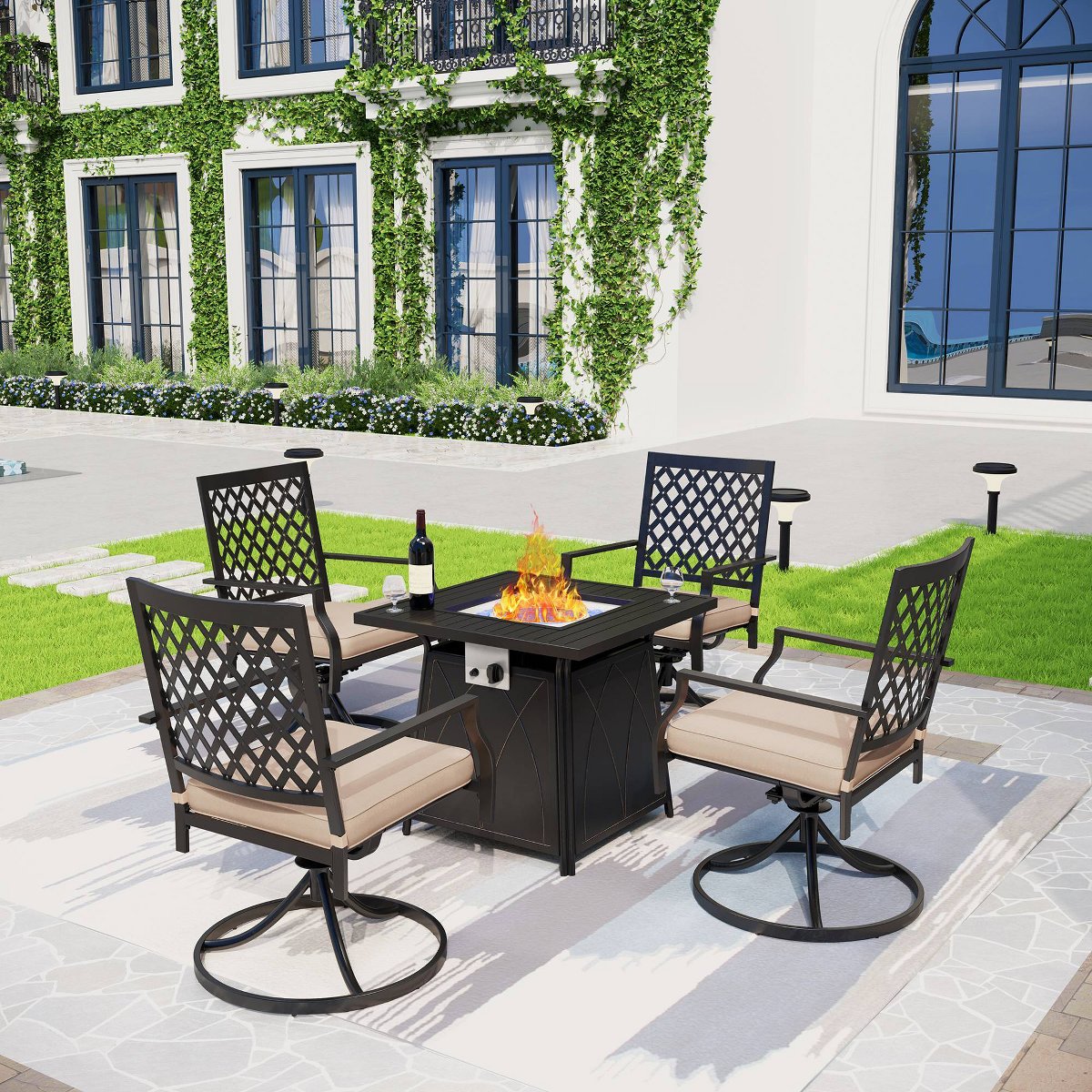 5pc Outdoor Conversation Set with Swivel Chairs & 28 Square Propane Fire Table