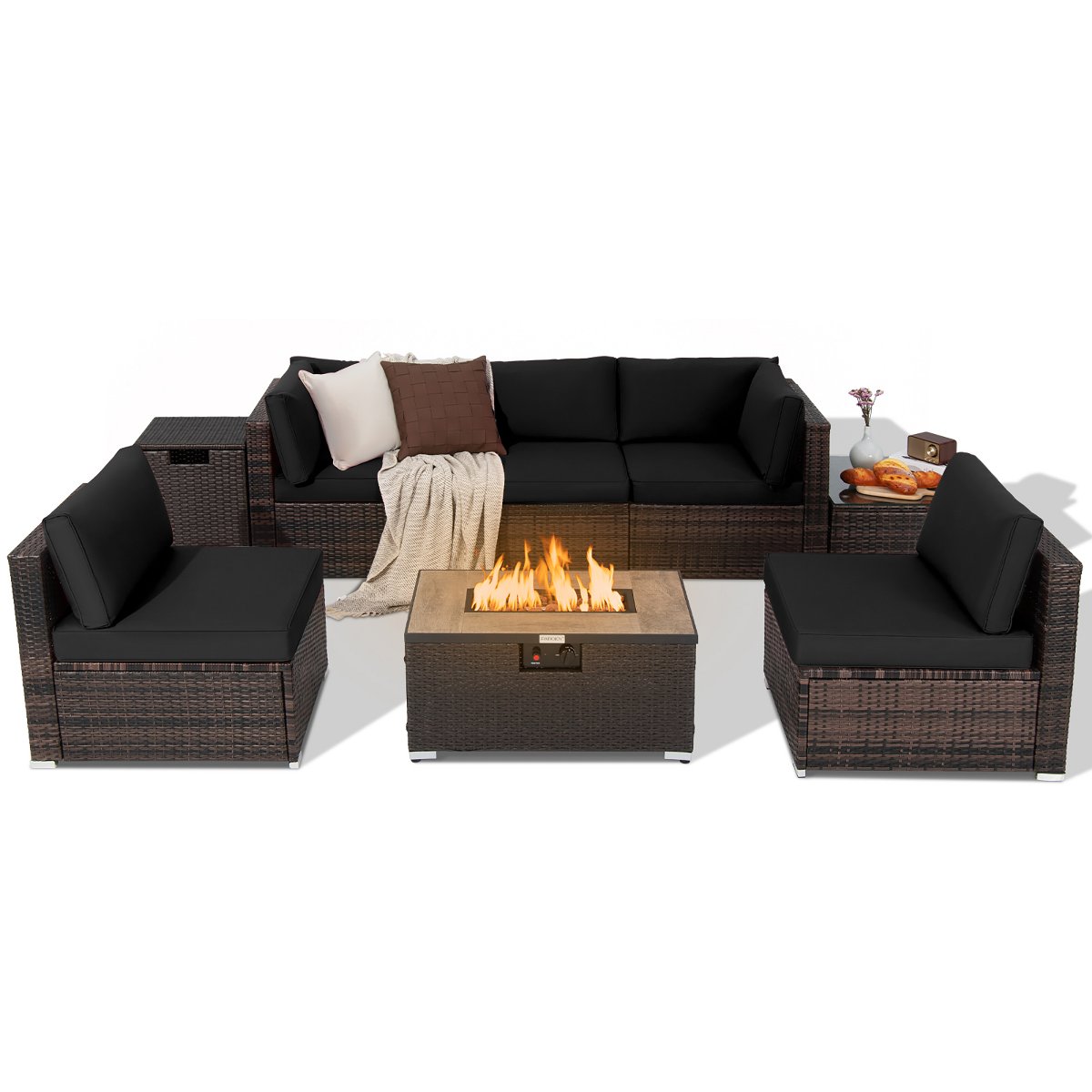 8PCS Patio Rattan Furniture Set Fire Pit Table Tank Holder Cover Deck Off White/Black/Navy/Red/Turquoise