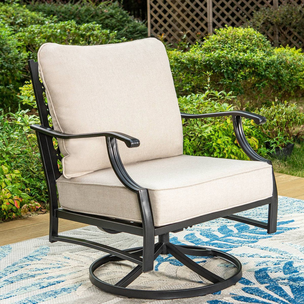 5pc XL Metal Outdoor Set Swivel Grid- Back Chairs with Fire Pit Beige