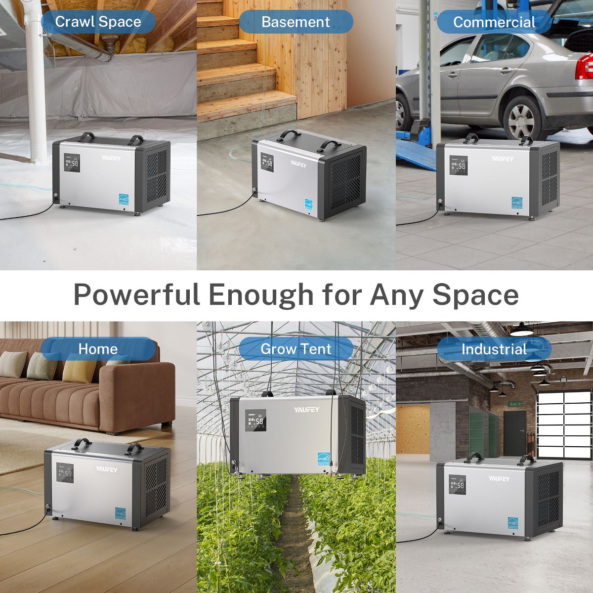 Commercial Crawlspace Dehumidifie, 70 Pints Heavy Duty Dehumidifier for Basements & Whole House, Auto Defrost, Continuous Drainage Hose