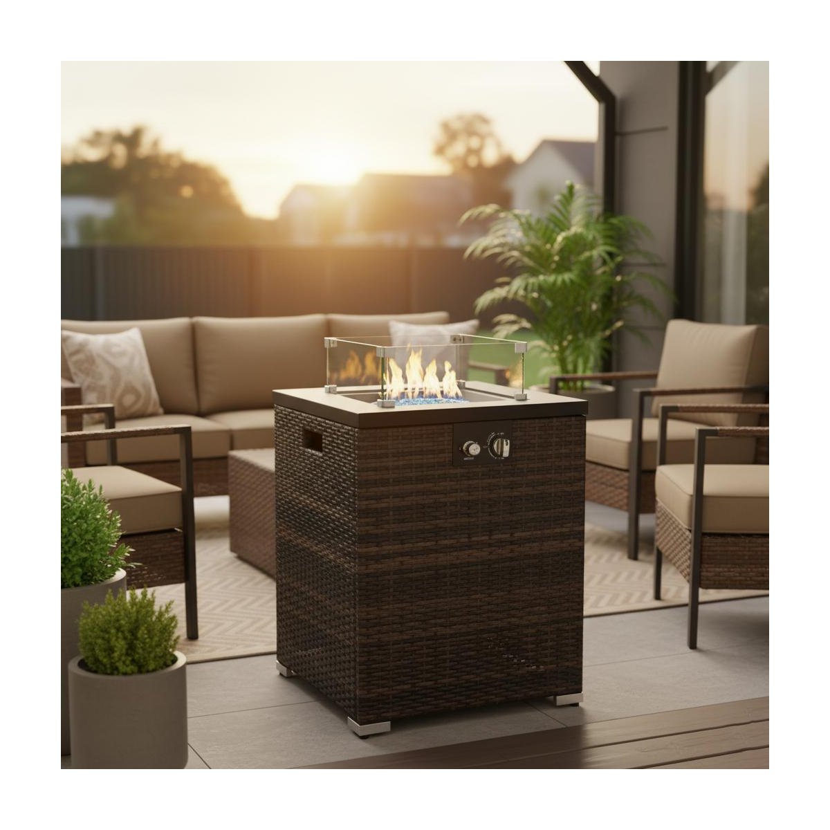 22 Propane Gas Fire Pit Table, 50,000 BTU Square Outdoor Fireplace with Wicker Base & Glass Guard, Dark Brown