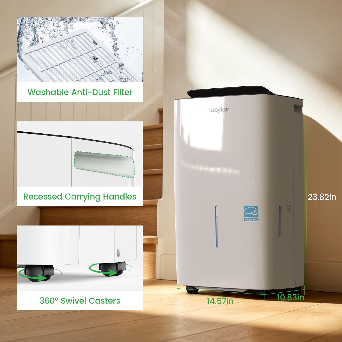 150-pint Energy Star Dehumidifier with Auto-Swing Louvers, Smart Humidity Control, and Full Tank Protection