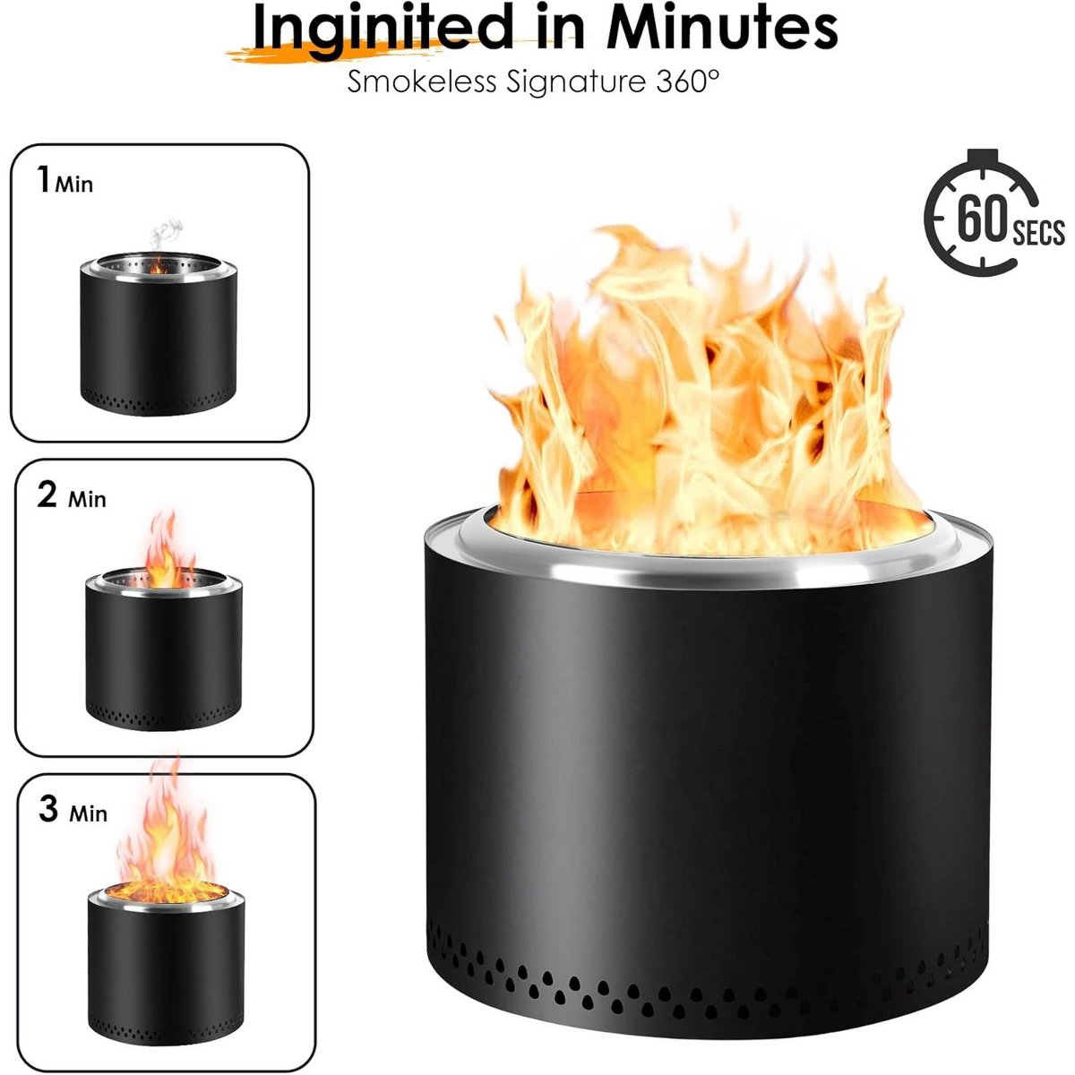 19 Smokeless Fire Pit with Removable Ash Pan for Outside, Stainless Steel Outdoor Fireplace, Wood Burning Fire Pits for Camping, Bonfire
