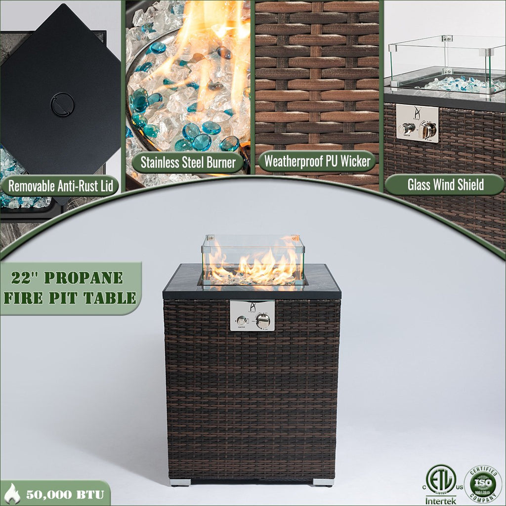 22 Propane Gas Fire Pit Table, 50,000 BTU Square Outdoor Fireplace with Wicker Base & Glass Guard, Dark Brown