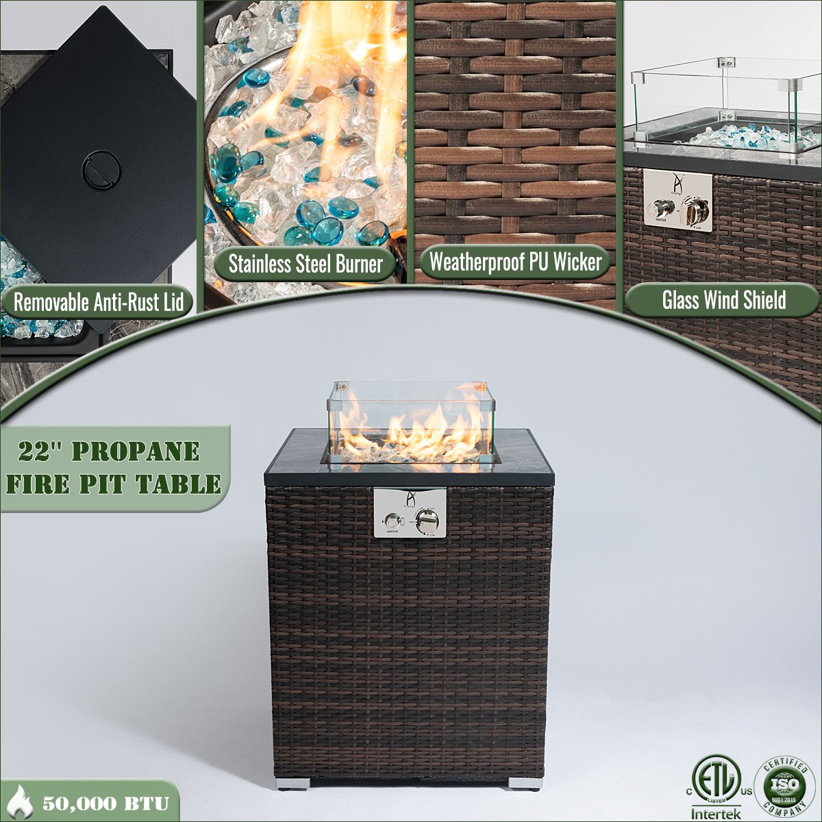 22 Propane Gas Fire Pit Table, 50,000 BTU Square Outdoor Fireplace with Wicker Base & Glass Guard, Dark Brown