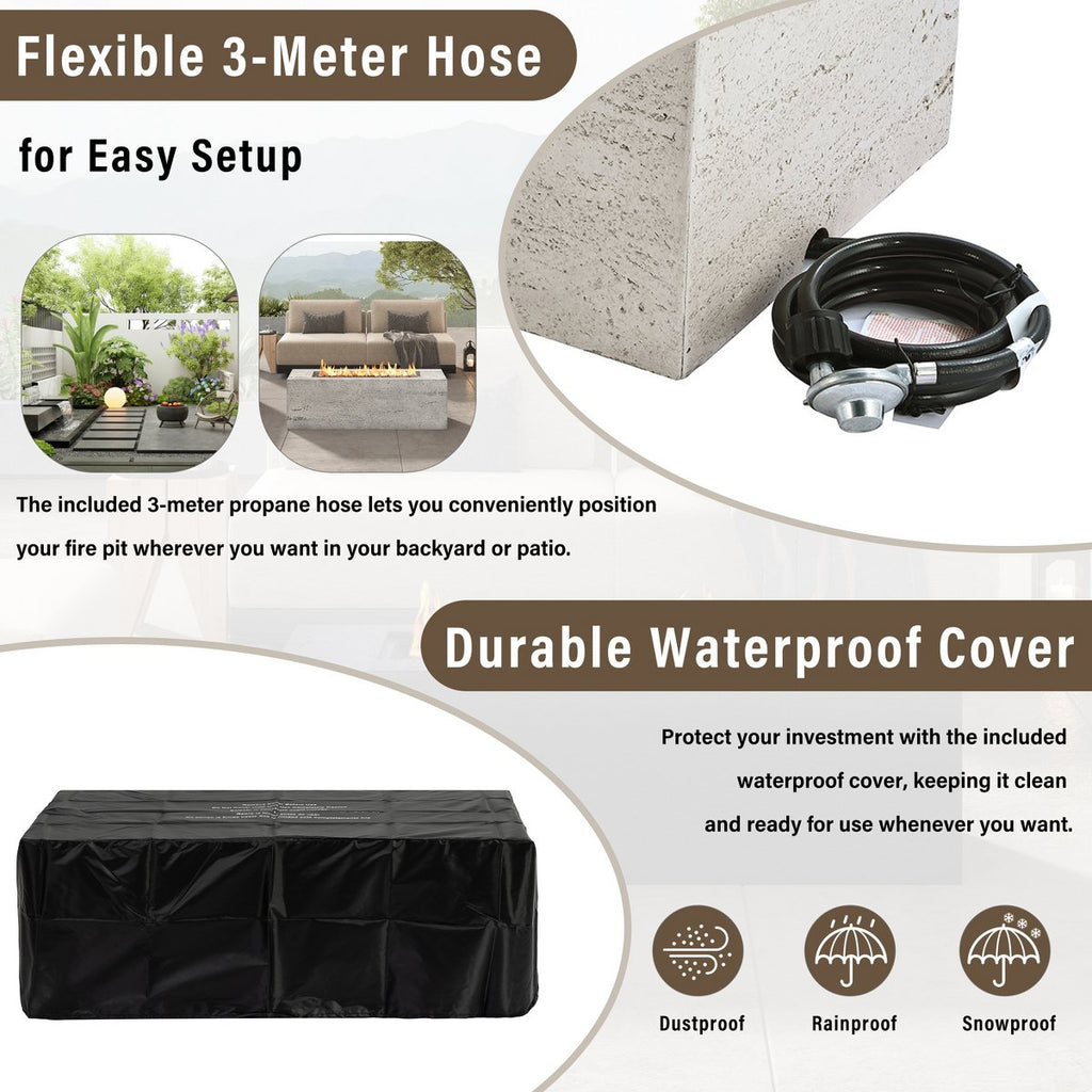 Outdoor Rectangular Propane Fire Pit, 40,000 BTU MGO Patio Fireplace, Stainless Steel Burner, Free Lava Rocks & Waterproof Cover