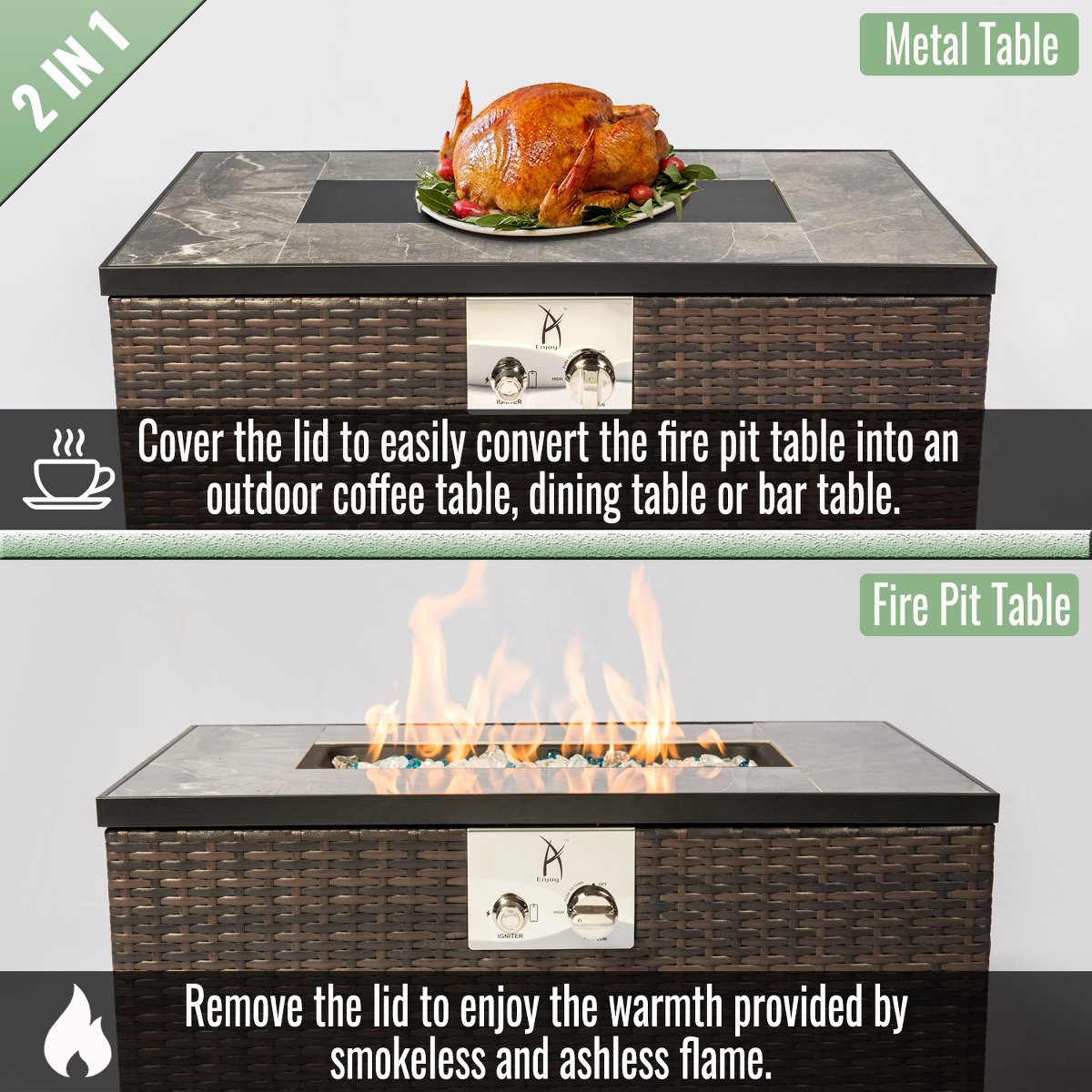 32 Propane Gas Fire Pit Table, 50,000 BTU Outdoor Tile Top Fireplace with Wicker Base & Cover, Brown
